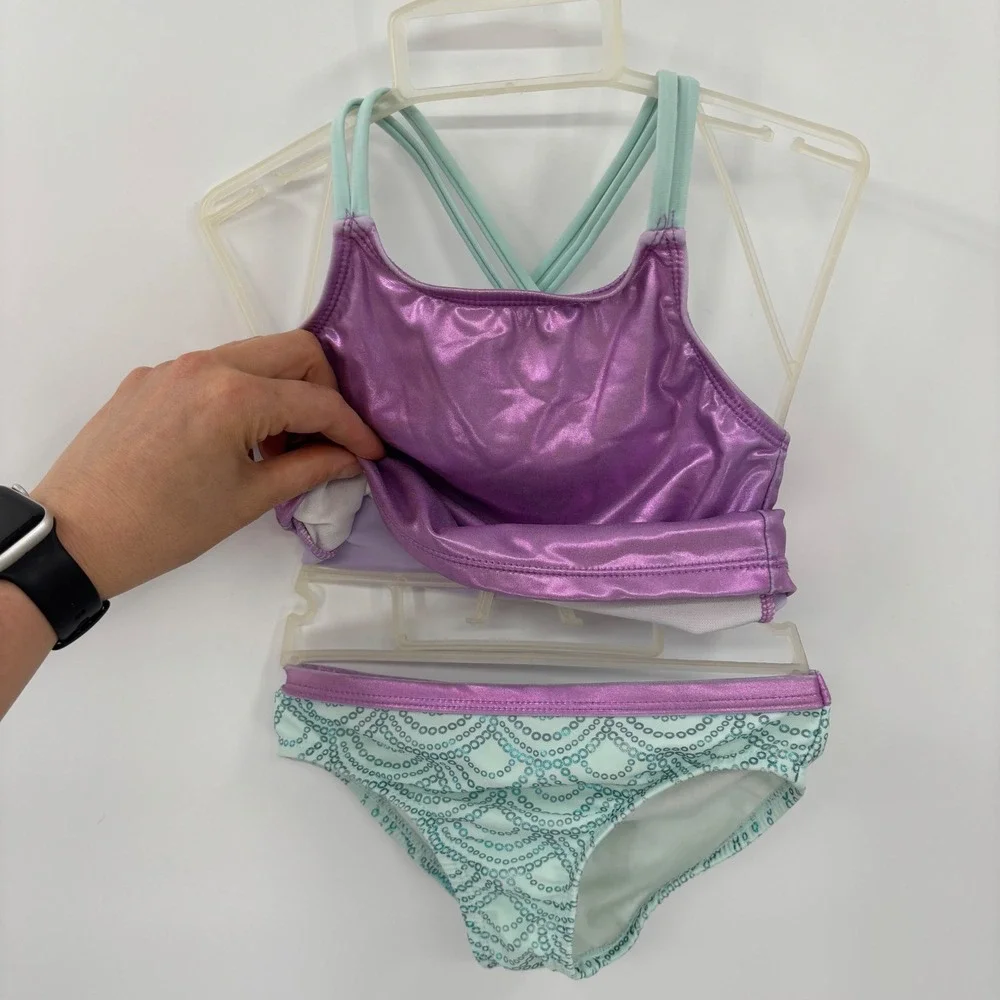 Wonder Nation Tankini Swimsuit Kids 4T Purple Metallic Strappy Mermaidcore Set
